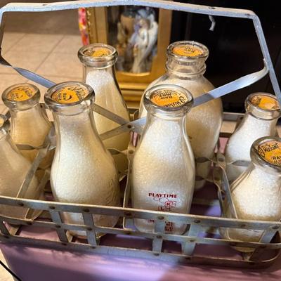 Vintage/Antique 8 Compartment Milk Carrier w/8 Collector Bottles included as Pictured.