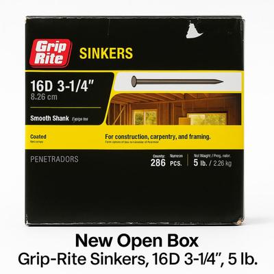 Grip-Rite 16D 3-1/4” Sinker Nails — 5 lb Box — New Open Box — 286 pcs