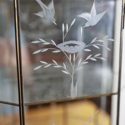 Vintage Large Mirrored Etched Glass Brass Curio Cabinet Display Case Shelf