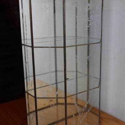 Vintage Large Mirrored Etched Glass Brass Curio Cabinet Display Case Shelf