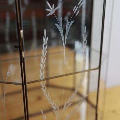 Vintage Large Mirrored Etched Glass Brass Curio Cabinet Display Case Shelf
