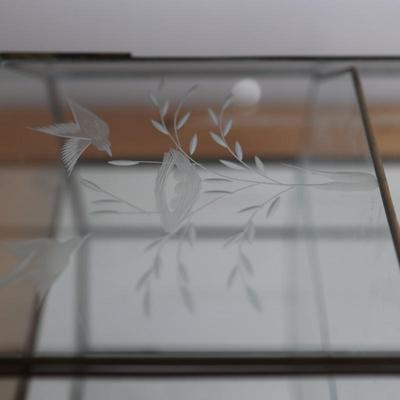 Vintage Large Mirrored Etched Glass Brass Curio Cabinet Display Case Shelf