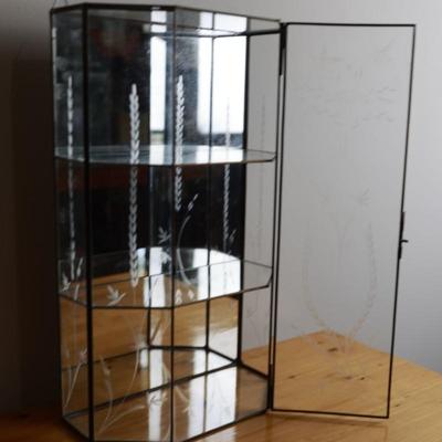Vintage Large Mirrored Etched Glass Brass Curio Cabinet Display Case Shelf