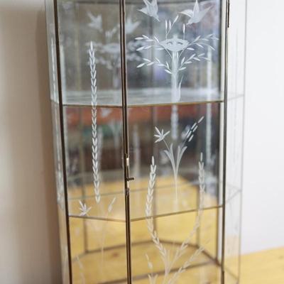 Vintage Large Mirrored Etched Glass Brass Curio Cabinet Display Case Shelf