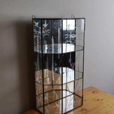 Vintage Large Mirrored Etched Glass Brass Curio Cabinet Display Case Shelf