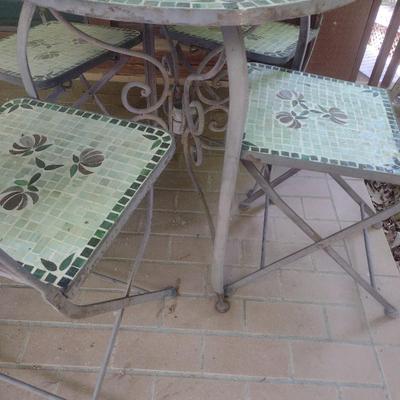 Vintage Wrought Metal Mosaic Tile Five Piece Table and Chair Set