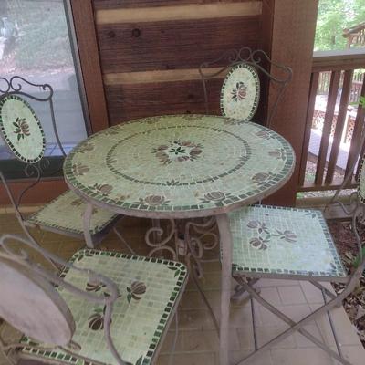 Vintage Wrought Metal Mosaic Tile Five Piece Table and Chair Set