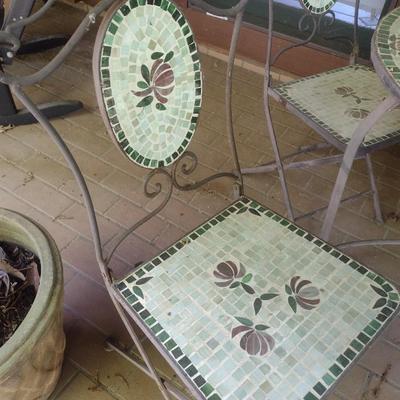 Vintage Wrought Metal Mosaic Tile Five Piece Table and Chair Set