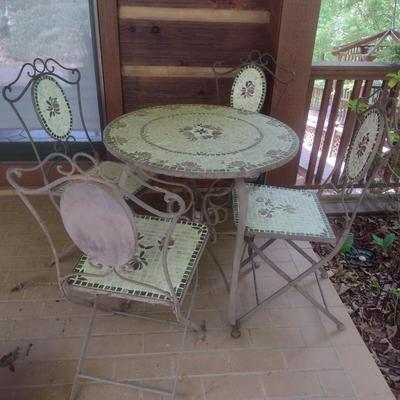 Vintage Wrought Metal Mosaic Tile Five Piece Table and Chair Set