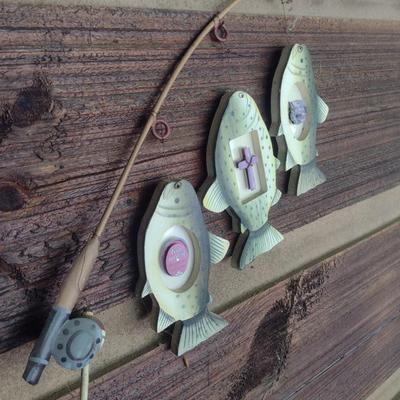 Fishing Themed Wall Decor Metal Fishing Rod with Wood Fish Cutouts