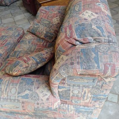 Lane Brand Oversized Sleeper Chair with Fishing Themed Upholstery Includes Storage Design Ottoman Choice B