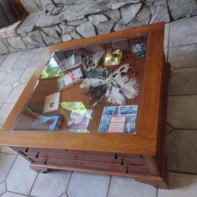 Solid Wood Pine Finish Display Curio Top Coffee Table (No Contents)
