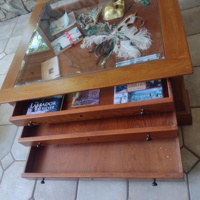 Solid Wood Pine Finish Display Curio Top Coffee Table (No Contents)