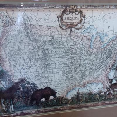 Nicely Framed Wildlife Themed 'America of Mercator's Projection'