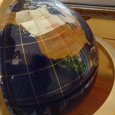 Large Stone World Globe with Mother of Pearl Inlay in Metal Frame