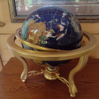 Large Stone World Globe with Mother of Pearl Inlay in Metal Frame