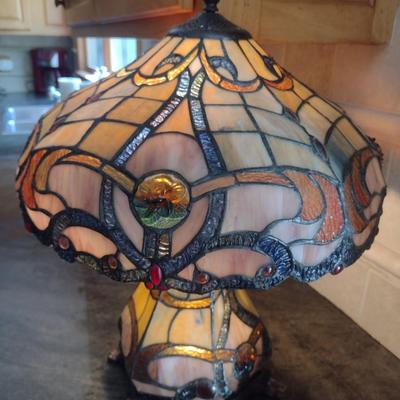 Tiffany Style Shade Table Lamp with Stained Glass Post Double Bulb Design