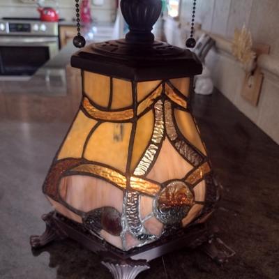 Tiffany Style Shade Table Lamp with Stained Glass Post Double Bulb Design