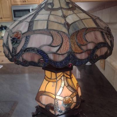 Tiffany Style Shade Table Lamp with Stained Glass Post Double Bulb Design
