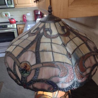 Tiffany Style Shade Table Lamp with Stained Glass Post Double Bulb Design