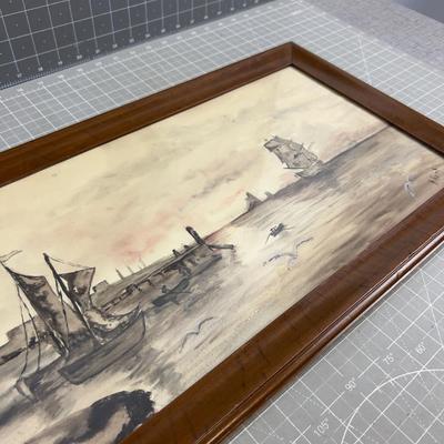 Antique Water Color  Harbor, Framed, 1913 Dated Sailing Ships 
