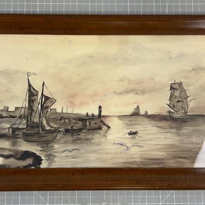 Antique Water Color  Harbor, Framed, 1913 Dated Sailing Ships 