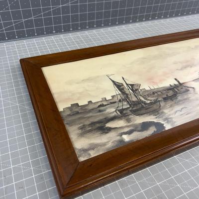 Antique Water Color  Harbor, Framed, 1913 Dated Sailing Ships 