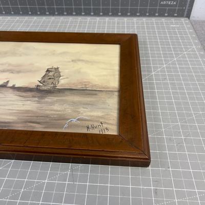 Antique Water Color  Harbor, Framed, 1913 Dated Sailing Ships 