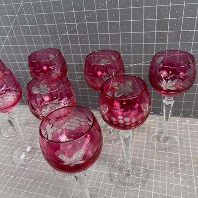 Gorgeous Bohemia Red Etched Crystal Goblet, Wine (8) Set 