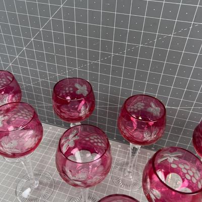 Gorgeous Bohemia Red Etched Crystal Goblet, Wine (8) Set 