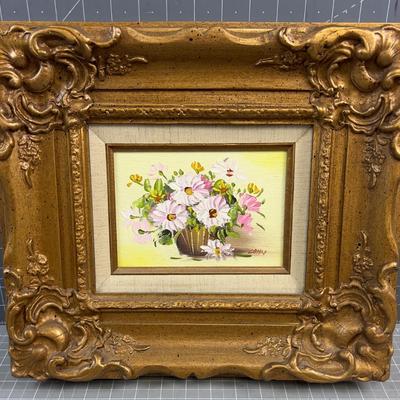 Ornate Gold Toned Oil Pink Floral on Board by artist Cohn 