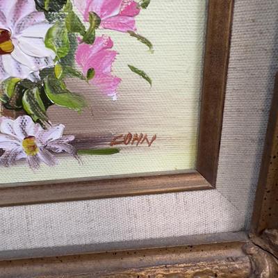 Ornate Gold Toned Oil Pink Floral on Board by artist Cohn 