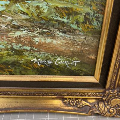 Ornate Gold Toned Oil on Canvas Scene by the Pond - Victorian  by artist Marie Charlet 