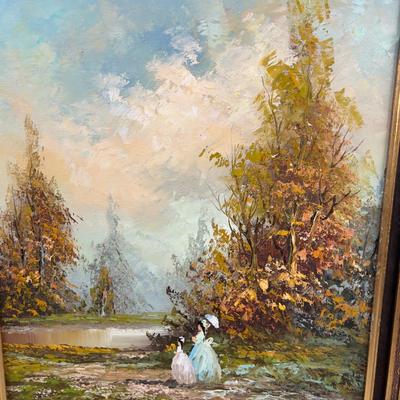 Ornate Gold Toned Oil on Canvas Scene by the Pond - Victorian  by artist Marie Charlet 