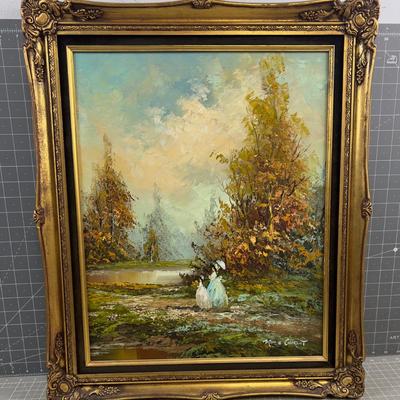 Ornate Gold Toned Oil on Canvas Scene by the Pond - Victorian  by artist Marie Charlet 