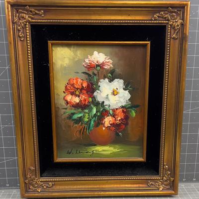 Gold and Black Velvet Floral, Orange and Red Oil on Board