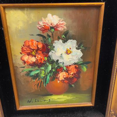 Gold and Black Velvet Floral, Orange and Red Oil on Board