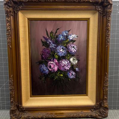Purple Flowers, Signed, Oil on Canvas With Gold toned Frame