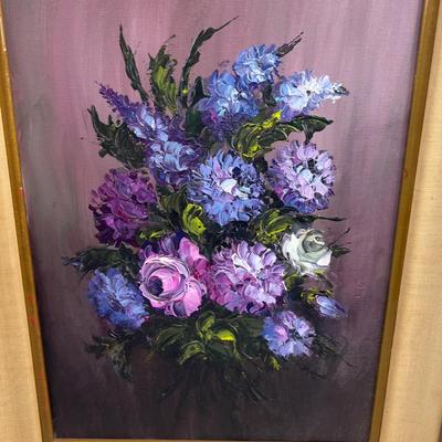 Purple Flowers, Signed, Oil on Canvas With Gold toned Frame