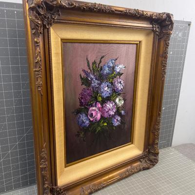 Purple Flowers, Signed, Oil on Canvas With Gold toned Frame