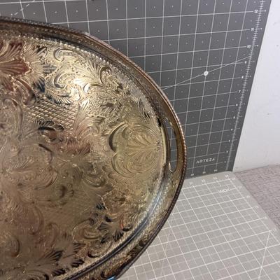 Ornated Silver Plated Serving Tray with Handles and Edge