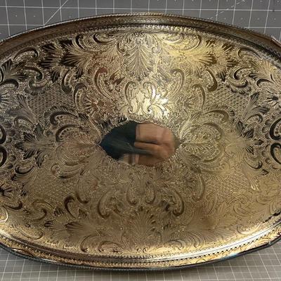 Ornated Silver Plated Serving Tray with Handles and Edge