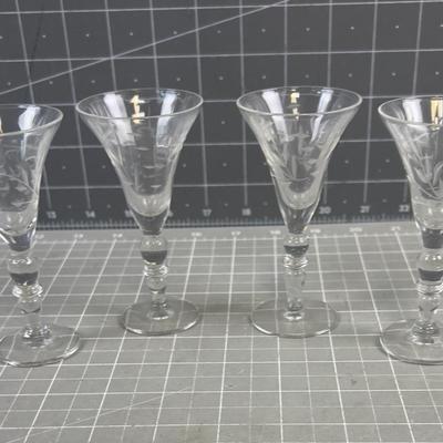 4- Etched Glass Cordial Glasses 