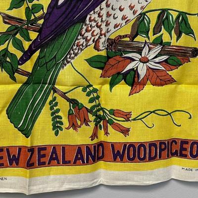 vintage NEW ZEALAND WOODPIGEON SOUVENIR LINEN TABLECLOTH 1950s 