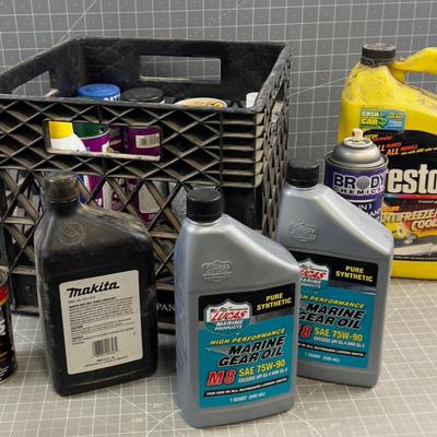 Crate full of Garage Fluids 