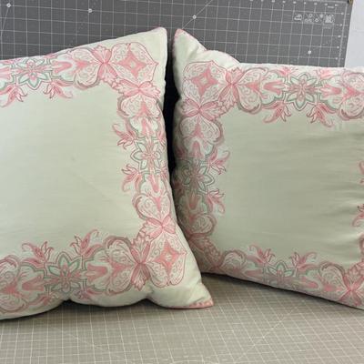 2 Large Embroidered Pillows Mint and Pink