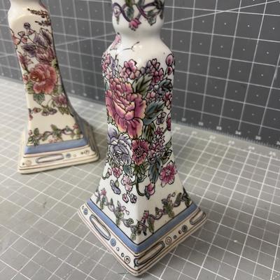 Asian Porcelain Candle Sticks pair 