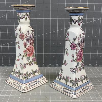 Asian Porcelain Candle Sticks pair 
