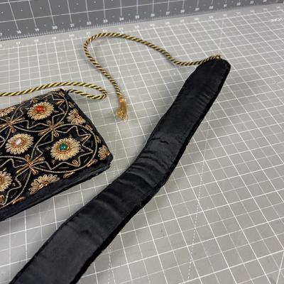 Embroidered Gold Thread Clutch and Belt 