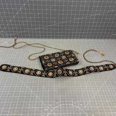 Embroidered Gold Thread Clutch and Belt 